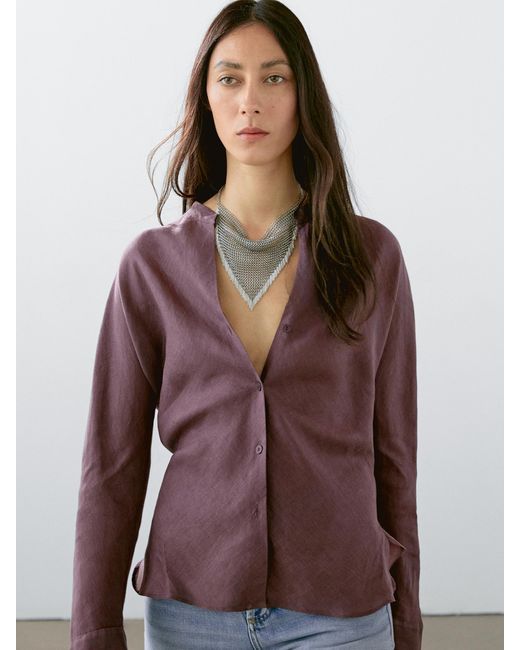 MASSIMO DUTTI Brown Flowing Linen Shirt With Stand Collar