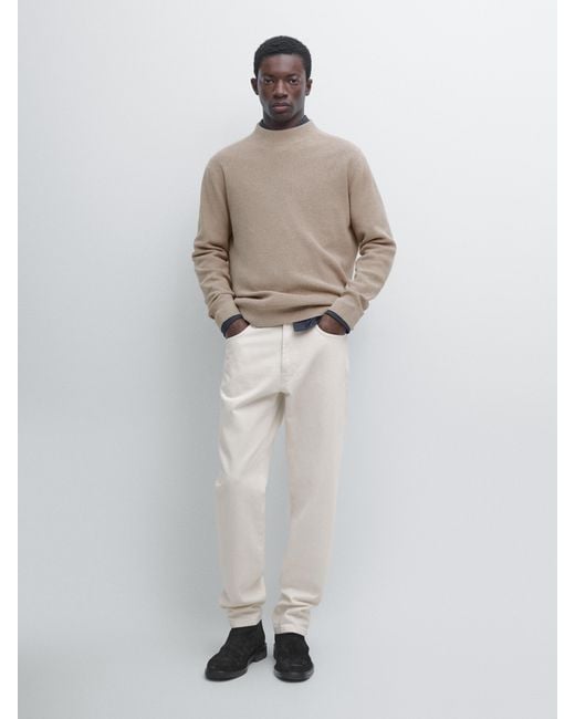 MASSIMO DUTTI White Cotton Blend Knit Sweater With Mock Turtleneck for men