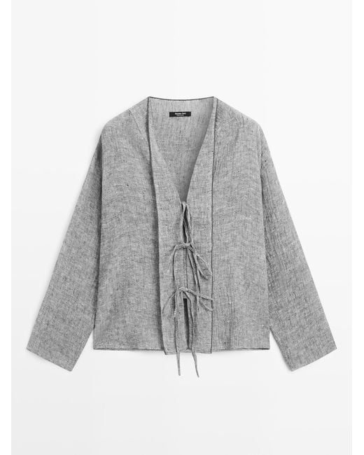 MASSIMO DUTTI Gray Linen Blend Blouse With Tie Details