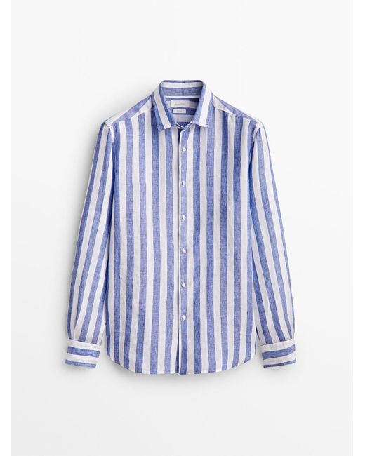 MASSIMO DUTTI Blue Slim-fit Wide-striped Linen Shirt for men