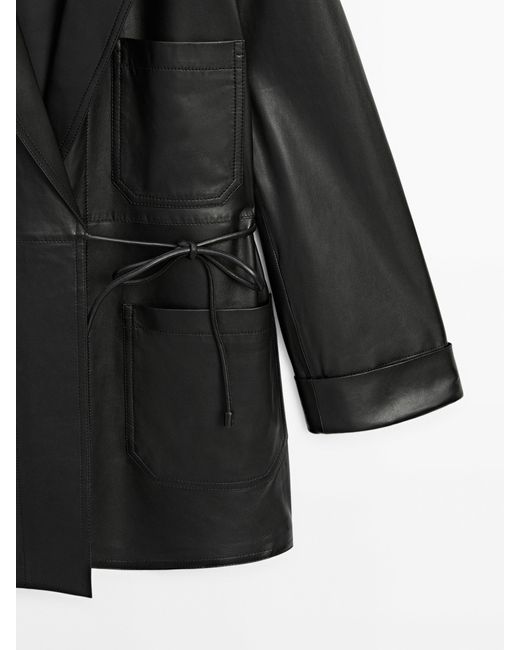 MASSIMO DUTTI Black Nappa Leather Blazer With Knot