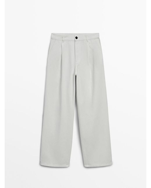 MASSIMO DUTTI White Twill Cotton Trousers With Double Darts