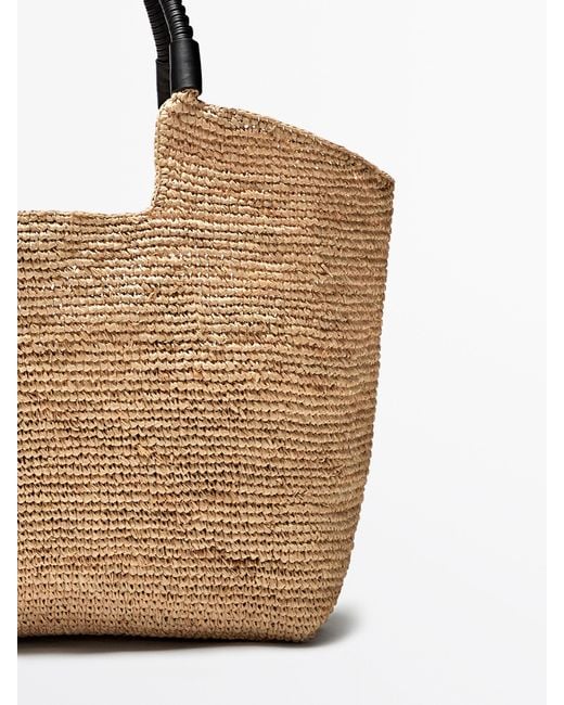 MASSIMO DUTTI Natural Raffia Tote Bag With Leather Handles