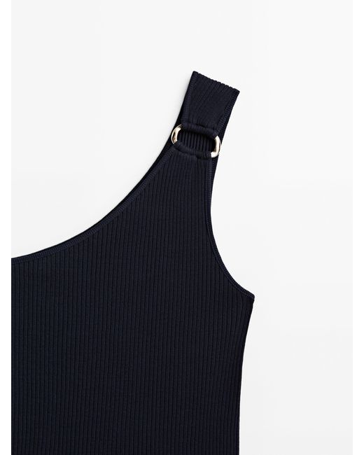 MASSIMO DUTTI Blue Asymmetric Ribbed Top With Piece Detail