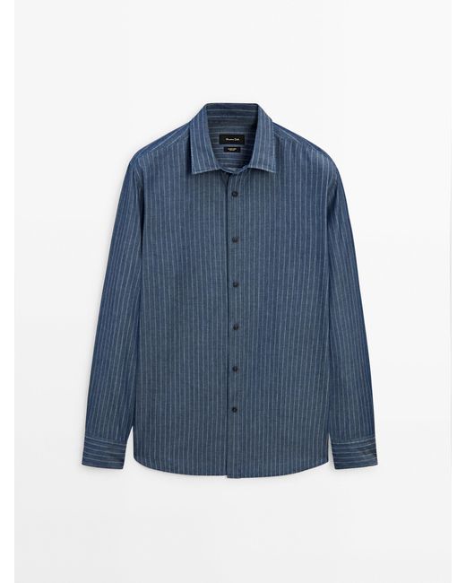 MASSIMO DUTTI Blue Regular Fit Striped Cotton Denim Shirt for men