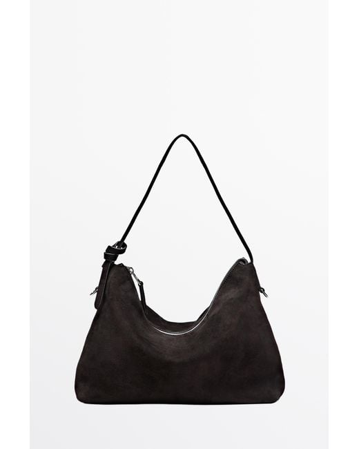 MASSIMO DUTTI Black Medium Split Suede Leather Shoulder Bag