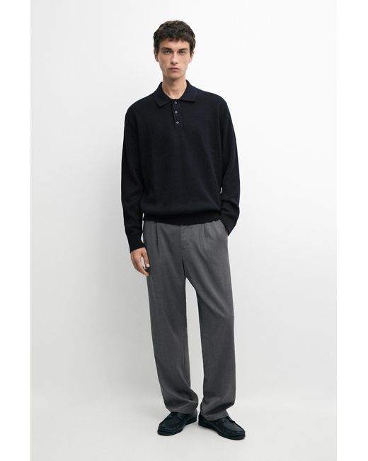MASSIMO DUTTI Black Button-Detail Polo Knit Sweater for men