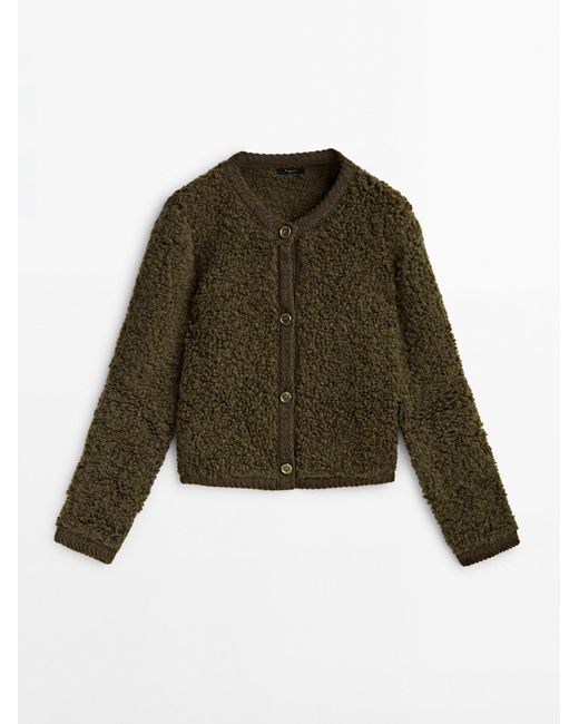 MASSIMO DUTTI Green Bouclé Knit Cardigan With Buttons