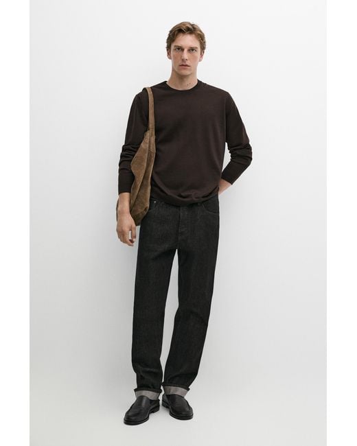 MASSIMO DUTTI Black 100% Merino Wool Knit Round Neck Sweater for men