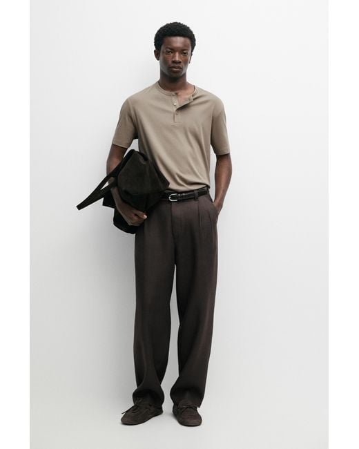 MASSIMO DUTTI Brown 100% Cotton Henley T-Shirt for men