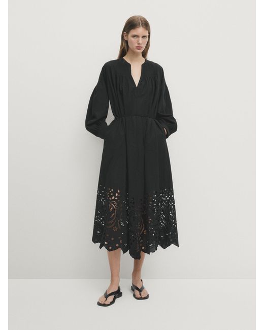 MASSIMO DUTTI Black 100% Cotton Dress With Embroidered Detail