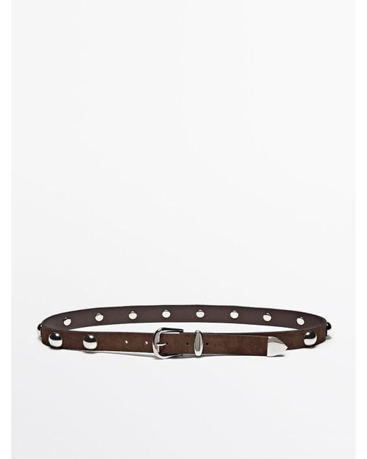 MASSIMO DUTTI White Split Suede Leather Studded Belt