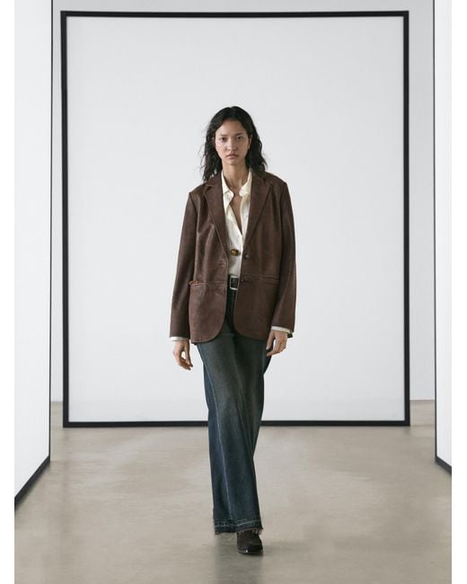 MASSIMO DUTTI Gray 100% Suede Leather Lapel Blazer