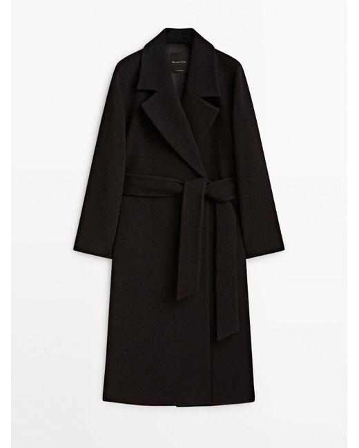 MASSIMO DUTTI Black Wool Blend Robe Coat With Belt