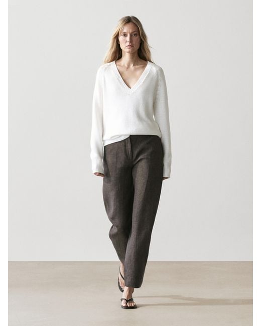MASSIMO DUTTI White Linen Barrel Fit Trousers