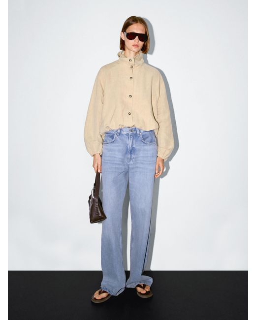 MASSIMO DUTTI White High Neck Linen Blend Bomber Jacket