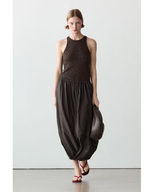 MASSIMO DUTTI White Shirred Waistband Midi Skirt