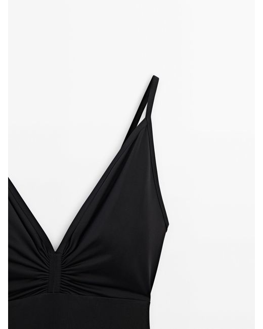 MASSIMO DUTTI Black V-Neck Swimsuit With Gathered Detail