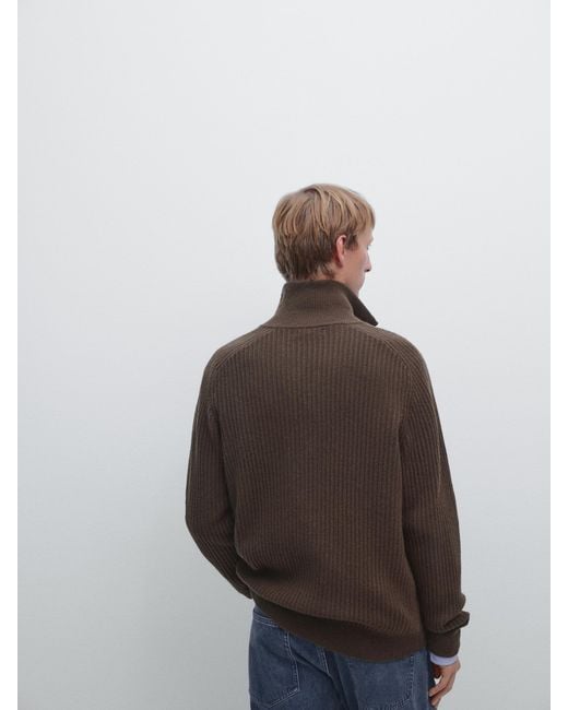 MASSIMO DUTTI Brown Wool Blend Knit Cardigan With Zip Fastening for men