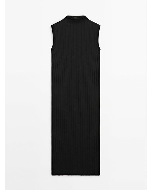 MASSIMO DUTTI Black Ribbed Knit Midi Dress