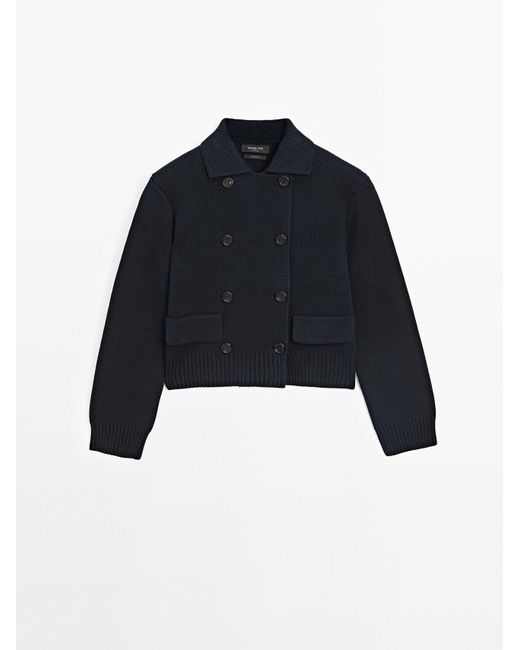 MASSIMO DUTTI Blue Double-Breasted Milano Knit Cardigan