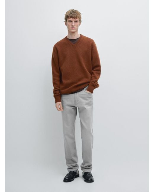 MASSIMO DUTTI Brown 100% Wool V-Neck Knit Sweater for men