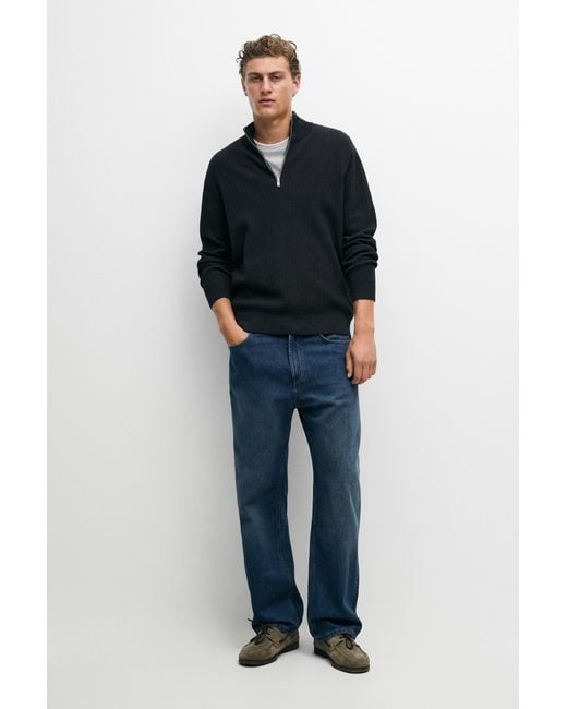 MASSIMO DUTTI Blue Mock Neck Knit Sweater With Zip for men