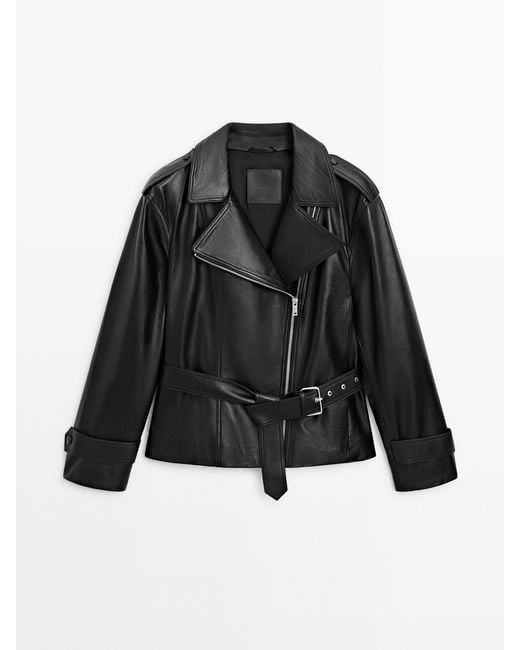 MASSIMO DUTTI Black Nappa Leather Biker Jacket With Belt