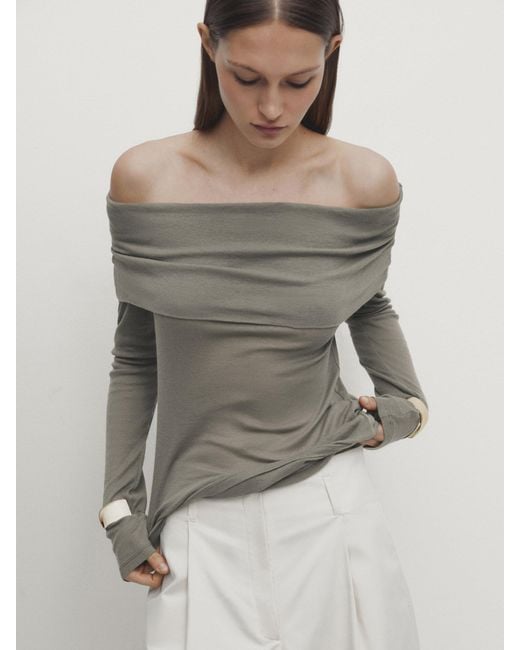 MASSIMO DUTTI Gray Long Off-The-Shoulder Top