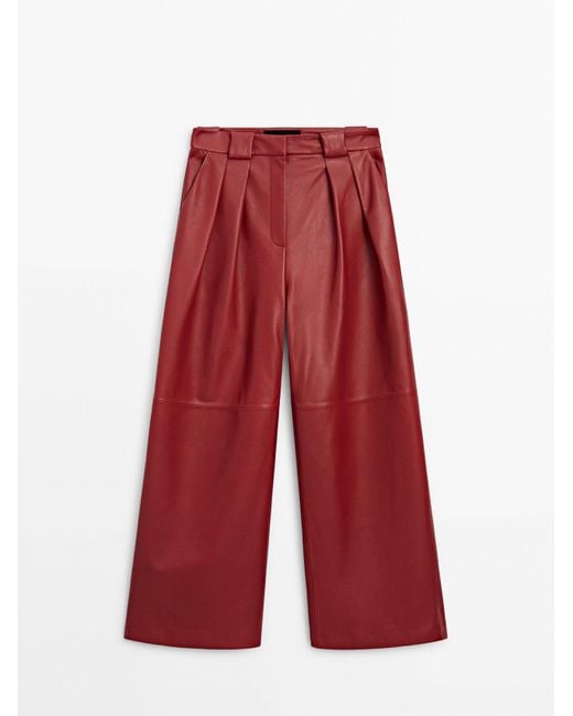 MASSIMO DUTTI Red Leather Trousers With Double Dart Detail
