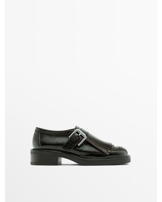 MASSIMO DUTTI Black Buckled Derby Shoes With Fringe