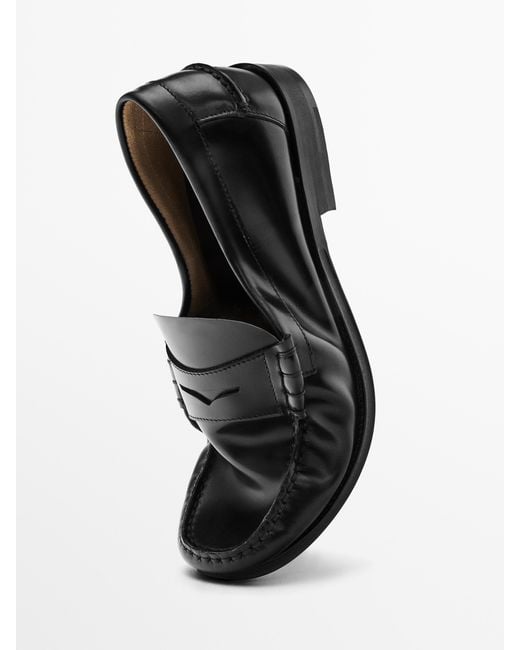 MASSIMO DUTTI Black Leather Loafers With Penny Strap for men