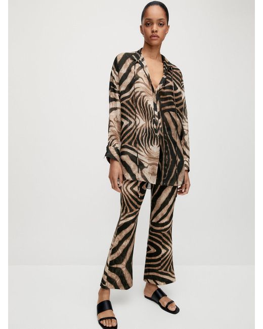 MASSIMO DUTTI Zebra Print Linen Trousers in Brown