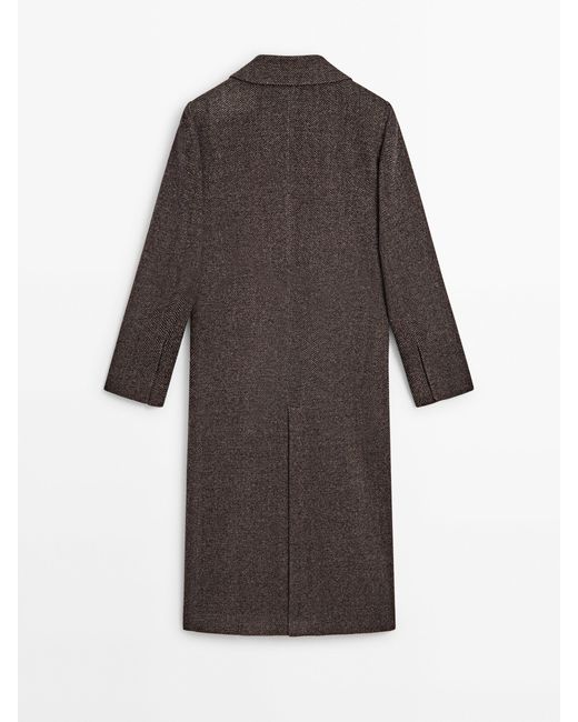 MASSIMO DUTTI Gray Long Double-Breasted Wool Blend Herringbone Coat