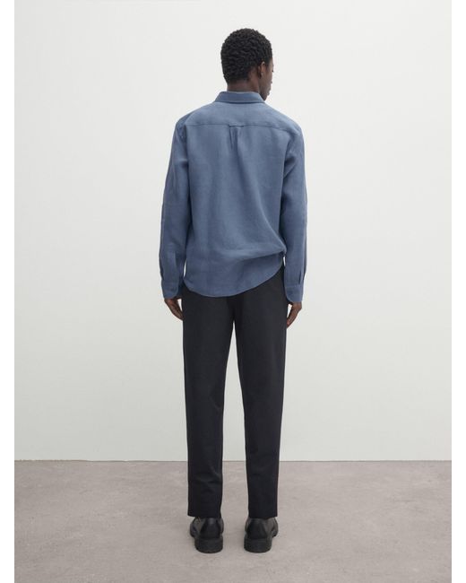 MASSIMO DUTTI Blue 100% Linen Regular Fit Shirt for men