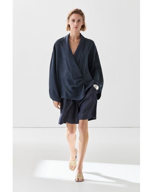 MASSIMO DUTTI Blue Flowing Gathered Wrap Blouse