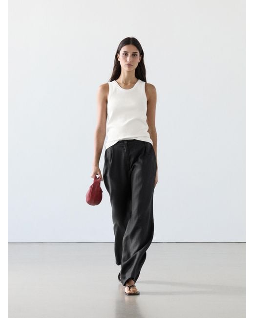 MASSIMO DUTTI Blue 100% Linen Wide-Leg Trousers With Elastic Detail