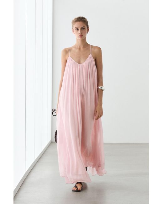 MASSIMO DUTTI Pink Flowing Pleated Spaghetti Strap Dress