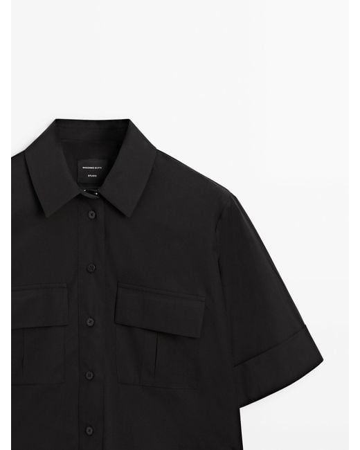 MASSIMO DUTTI Black Short Sleeve Cropped Cotton Shirt With Pockets