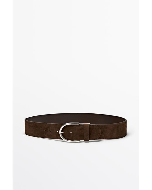 MASSIMO DUTTI White Split Suede Leather Belt With Metallic Buckle