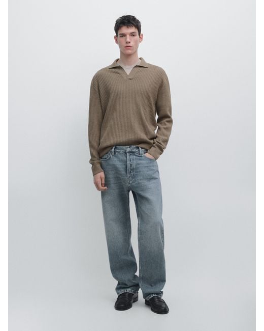 MASSIMO DUTTI Blue Cotton Blend Polo Knit Jumper for men