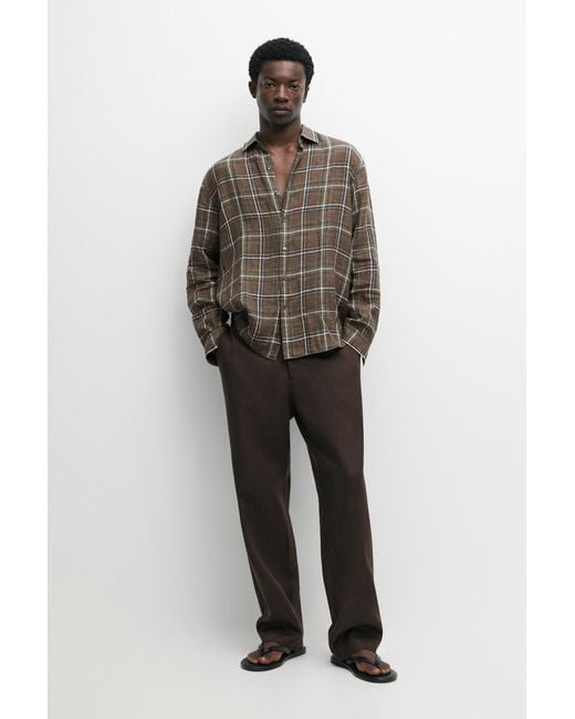 MASSIMO DUTTI Green 100% Linen Regular Fit Check Shirt for men