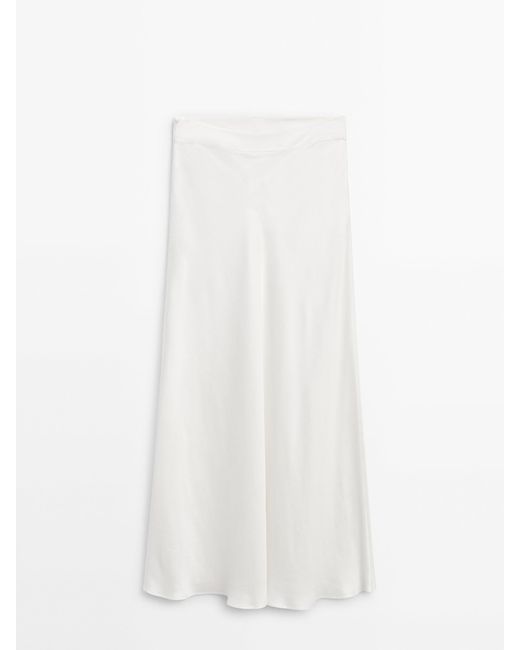MASSIMO DUTTI White Long Satin Skirt With Sash-Effect Waistband
