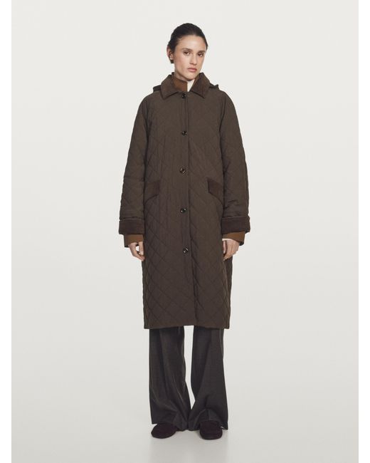 MASSIMO DUTTI White Long Coat With Corduroy Detail Water Repellent