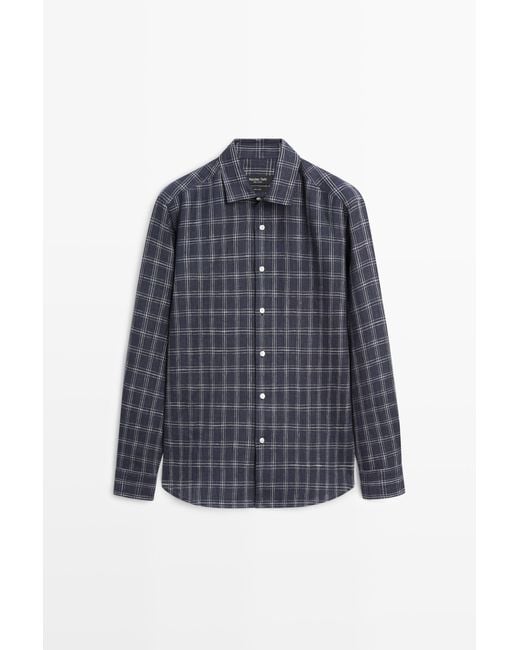 MASSIMO DUTTI Blue 100% Linen Regular Fit Check Shirt for men