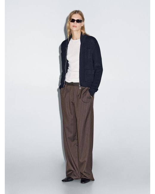 MASSIMO DUTTI Blue Pinstripe Wide-Leg Trousers