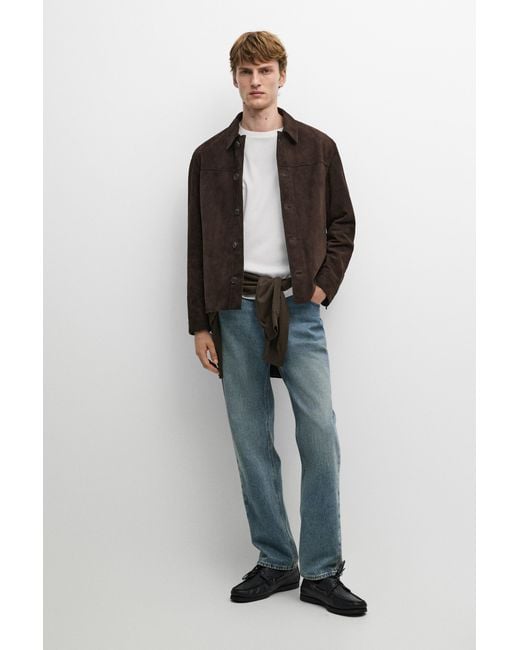MASSIMO DUTTI Black Suede Leather Pocket Overshirt for men