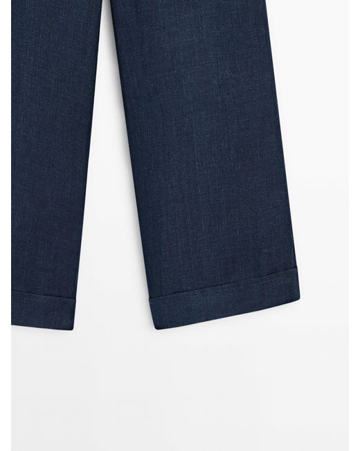 MASSIMO DUTTI Blue 100% Linen Darted Trousers