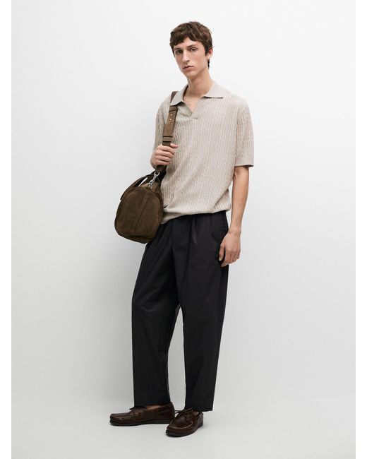MASSIMO DUTTI White Short Sleeve Knit Polo Shirt With Braided Detail for men