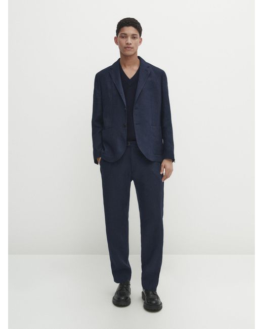 MASSIMO DUTTI Blue 100% Linen Suit Blazer for men